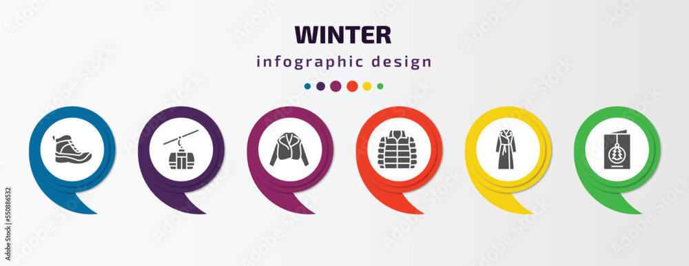 winter infographic element with filled icons and 6 step or option. winter icons such as snow boot, ski lift, fur coat, anorak vest, coat, christmas card vector. can be used for banner, info graph, winter infographic element with filled icons and 6 step or option. winter icons such as snow boot, ski lift, fur coat, anorak vest, coat, christmas card vector. can be used for banner, info graph,