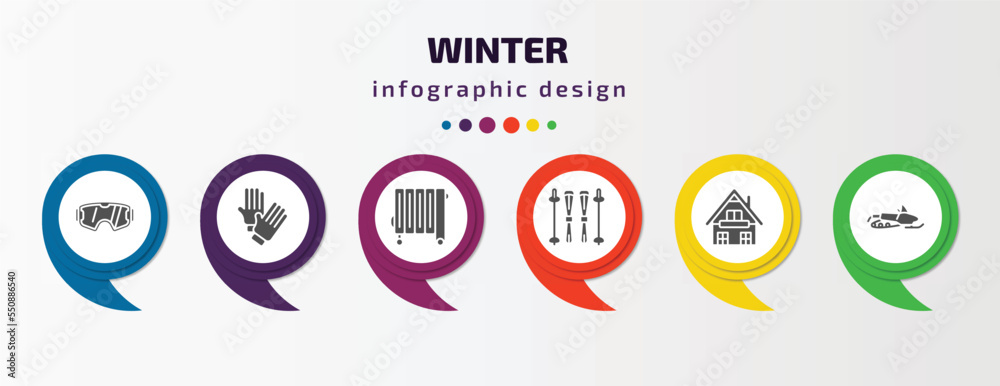 winter infographic element with filled icons and 6 step or option. winter icons such as snow goggle, winter clothes, heater, ski equiptment, chalet, snowmobile vector. can be used for banner, info winter infographic element with filled icons and 6 step or option. winter icons such as snow goggle, winter clothes, heater, ski equiptment, chalet, snowmobile vector. can be used for banner, info