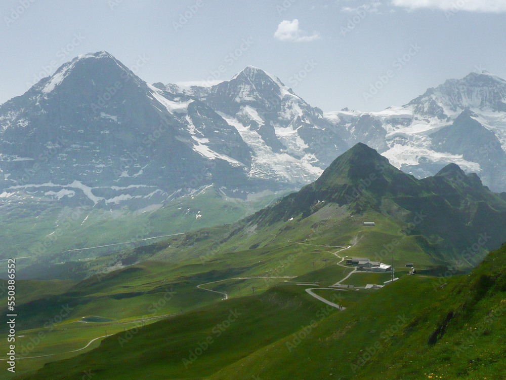Picturesque and beautiful scenery in the European Alpeus. Valley in the Swiss Alps.