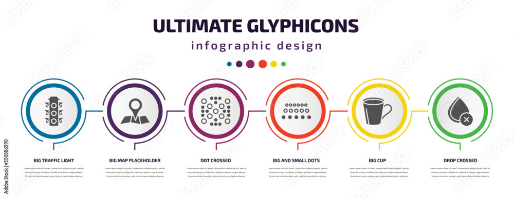 ultimate glyphicons infographic element with filled icons and 6 step or option. ultimate glyphicons icons such as big traffic light, big map placeholder, dot crossed, big and small dots, cup, drop