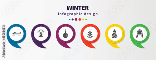 winter infographic element with filled icons and 6 step or option. winter icons such as bobsled, christmas day, bauble, christmas tree, fir, turtleneck sweater vector. can be used for banner, info