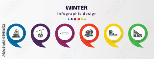 winter infographic element with filled icons and 6 step or option. winter icons such as winter cabin, cable car cabin, sled, snow ball, boots, avalanche vector. can be used for banner, info graph,