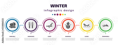 winter infographic element with filled icons and 6 step or option. winter icons such as snow ball, snowshoes, candy, snowman, sledge, snowmobile vector. can be used for banner, info graph, web.