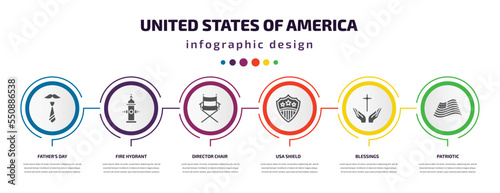 united states of america infographic element with filled icons and 6 step or option. united states of america icons such as father's day, fire hydrant, director chair, usa shield, blessings,