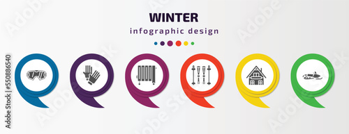 winter infographic element with filled icons and 6 step or option. winter icons such as snow goggle, winter clothes, heater, ski equiptment, chalet, snowmobile vector. can be used for banner, info