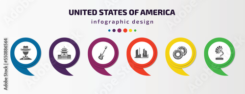 united states of america infographic element with filled icons and 6 step or option. united states of america icons such as cowboy, washington, electric guitar, grand canyon, donut, gramophone