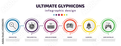 ultimate glyphicons infographic element with filled icons and 6 step or option. ultimate glyphicons icons such as zoom button, time almost full, wireless keyboard, reading, alarm bell, game
