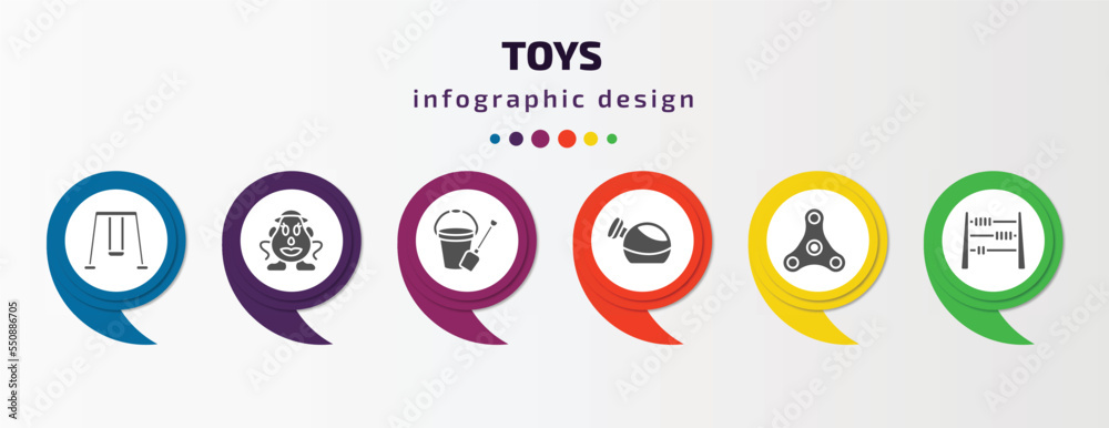 toys infographic element with filled icons and 6 step or option. toys icons such as swing toy, mrs potato toy, sand bucket toy, watering can spinner abacus vector. can be used for banner, info toys infographic element with filled icons and 6 step or option. toys icons such as swing toy, mrs potato toy, sand bucket toy, watering can spinner abacus vector. can be used for banner, info
