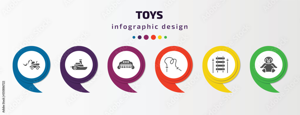 toys infographic element with filled icons and 6 step or option. toys icons such as digger toy, boat toy, keyboard toy, skipping rope xylophone penguin vector. can be used for banner, info graph, toys infographic element with filled icons and 6 step or option. toys icons such as digger toy, boat toy, keyboard toy, skipping rope xylophone penguin vector. can be used for banner, info graph,