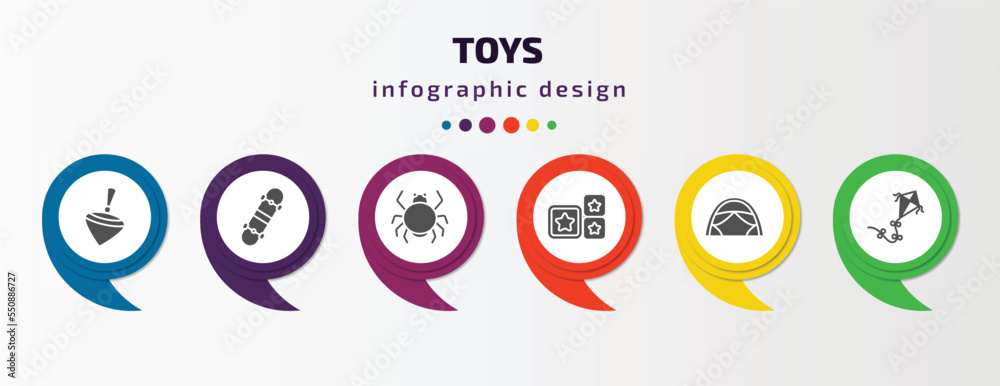 toys infographic element with filled icons and 6 step or option. toys icons such as spinning toy, skate toy, spider toy, cubes tent kite vector. can be used for banner, info graph, web. toys infographic element with filled icons and 6 step or option. toys icons such as spinning toy, skate toy, spider toy, cubes tent kite vector. can be used for banner, info graph, web.