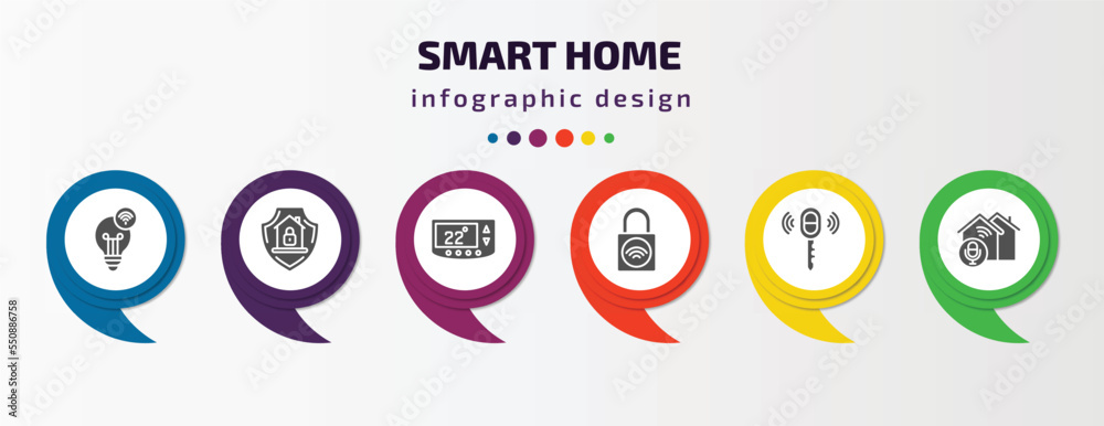 smart home infographic element with filled icons and 6 step or option. smart home icons such as lightbulb, surveillance, thermostat, smart lock, remote vehicle, voice control vector. can be used for smart home infographic element with filled icons and 6 step or option. smart home icons such as lightbulb, surveillance, thermostat, smart lock, remote vehicle, voice control vector. can be used for