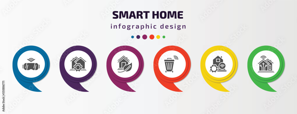 smart home infographic element with filled icons and 6 step or option. smart home icons such as virtual reality, automation, eco home, smart trash, automation, vector. can be used for banner, info smart home infographic element with filled icons and 6 step or option. smart home icons such as virtual reality, automation, eco home, smart trash, automation, vector. can be used for banner, info