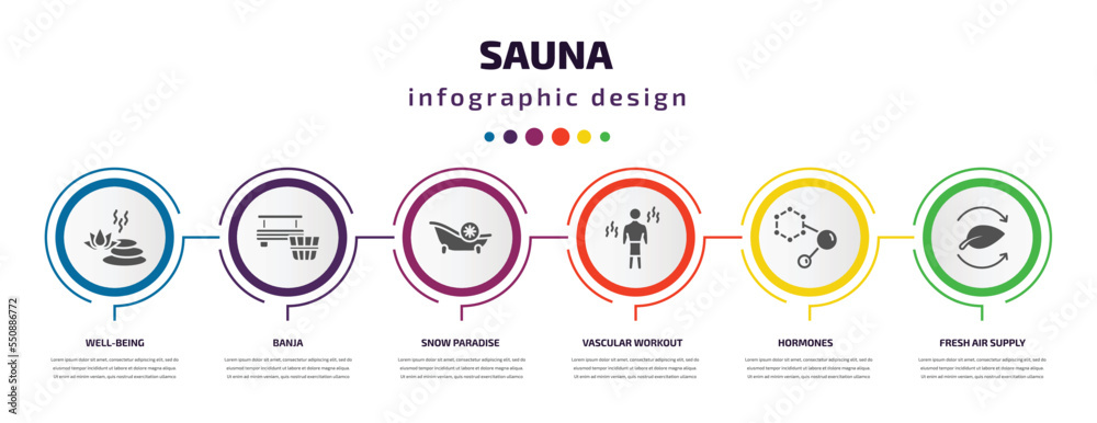 sauna infographic element with filled icons and 6 step or option. sauna icons such as well-being, banja, snow paradise, vascular workout, hormones, fresh air supply vector. can be used for banner, sauna infographic element with filled icons and 6 step or option. sauna icons such as well-being, banja, snow paradise, vascular workout, hormones, fresh air supply vector. can be used for banner,