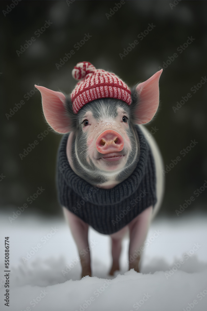 little pig with santa claus hat in the snow, christmas, with snow