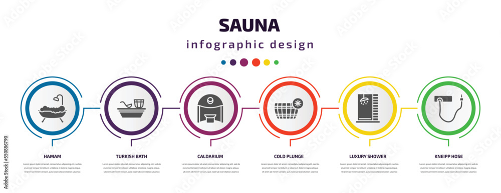 sauna infographic element with filled icons and 6 step or option. sauna icons such as hamam, turkish bath, caldarium, cold plunge, luxury shower, kneipp hose vector. can be used for banner, info sauna infographic element with filled icons and 6 step or option. sauna icons such as hamam, turkish bath, caldarium, cold plunge, luxury shower, kneipp hose vector. can be used for banner, info