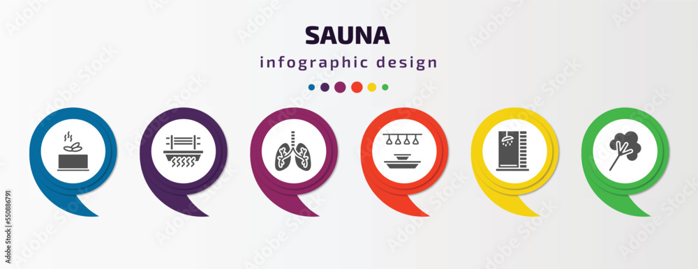 sauna infographic element with filled icons and 6 step or option. sauna icons such as earth sauna, brine cabin, respiration, light stimulation, luxury shower, steam jet vector. can be used for sauna infographic element with filled icons and 6 step or option. sauna icons such as earth sauna, brine cabin, respiration, light stimulation, luxury shower, steam jet vector. can be used for