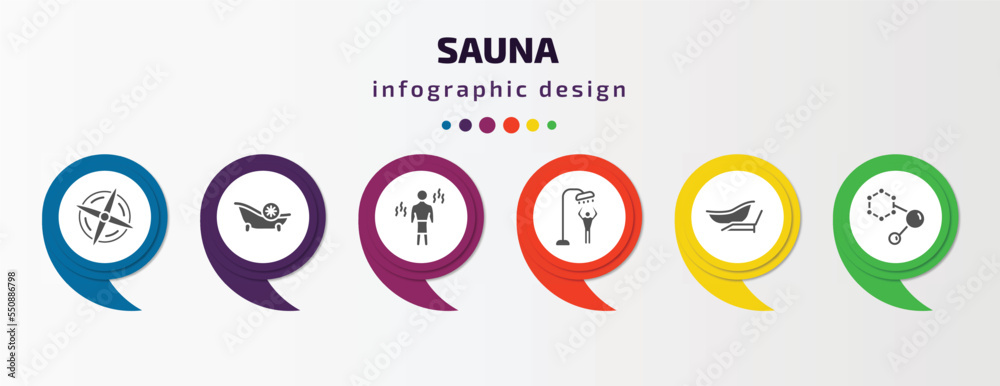 sauna infographic element with filled icons and 6 step or option. sauna icons such as regeneration, snow paradise, vascular workout, dousing shower, private spa, hormones vector. can be used for sauna infographic element with filled icons and 6 step or option. sauna icons such as regeneration, snow paradise, vascular workout, dousing shower, private spa, hormones vector. can be used for