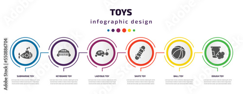 toys infographic element with filled icons and 6 step or option. toys icons such as submarine toy, keyboard toy, ladybug toy, skate ball dough vector. can be used for banner, info graph, web.