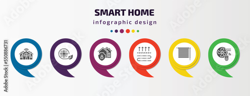 smart home infographic element with filled icons and 6 step or option. smart home icons such as cool, environmental, security system, underfloor heating, jalousie automation, fan vector. can be used