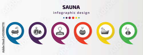 sauna infographic element with filled icons and 6 step or option. sauna icons such as hamam, hygrometer, arterioles, smoke sauna, asian bath, aroma stimulation vector. can be used for banner, info