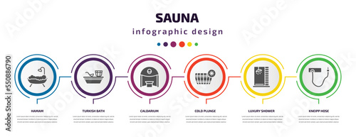sauna infographic element with filled icons and 6 step or option. sauna icons such as hamam, turkish bath, caldarium, cold plunge, luxury shower, kneipp hose vector. can be used for banner, info