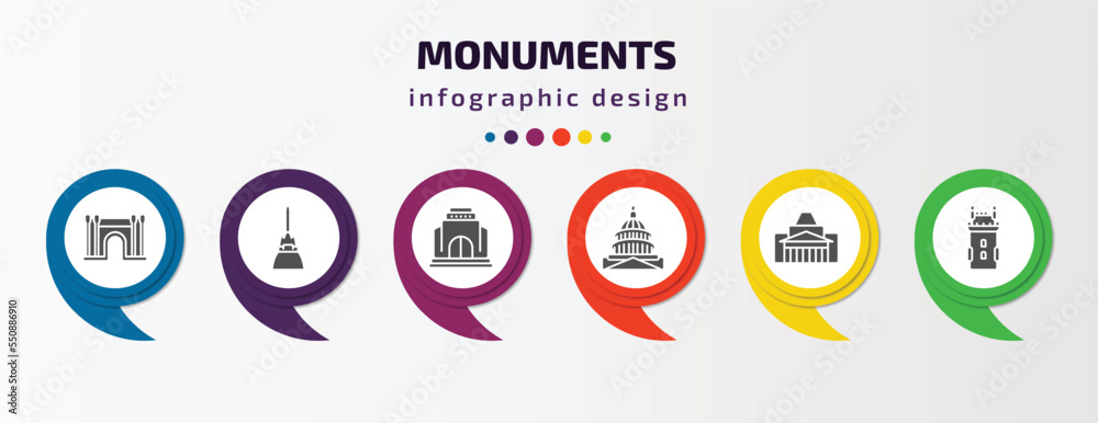 monuments infographic element with filled icons and 6 step or option. monuments icons such as barcelona, philippines, monument site, united states capitol, shrine of remembrance, belem tower vector. monuments infographic element with filled icons and 6 step or option. monuments icons such as barcelona, philippines, monument site, united states capitol, shrine of remembrance, belem tower vector.