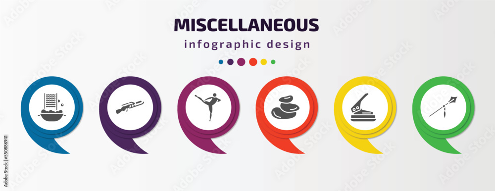 miscellaneous infographic element with filled icons and 6 step or option. miscellaneous icons such as washboard, flame thrower, muay thai, pebble, puncher, spears vector. can be used for banner, miscellaneous infographic element with filled icons and 6 step or option. miscellaneous icons such as washboard, flame thrower, muay thai, pebble, puncher, spears vector. can be used for banner,