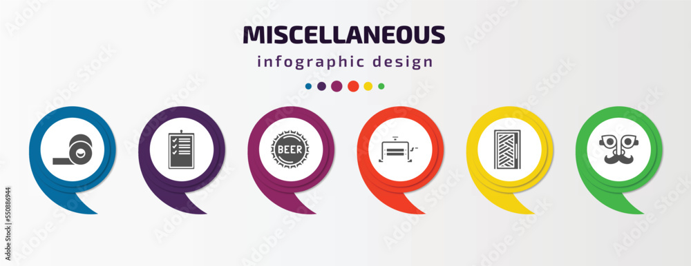 miscellaneous infographic element with filled icons and 6 step or option. miscellaneous icons such as adhesive tape, evaluate, beer cap, wringer, room door, fun glasses vector. can be used for miscellaneous infographic element with filled icons and 6 step or option. miscellaneous icons such as adhesive tape, evaluate, beer cap, wringer, room door, fun glasses vector. can be used for