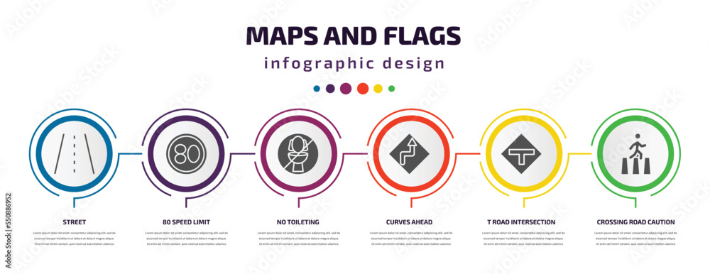 maps and flags infographic element with filled icons and 6 step or option. maps and flags icons such as street, 80 speed limit, no toileting, curves ahead, t road intersection, crossing road caution maps and flags infographic element with filled icons and 6 step or option. maps and flags icons such as street, 80 speed limit, no toileting, curves ahead, t road intersection, crossing road caution