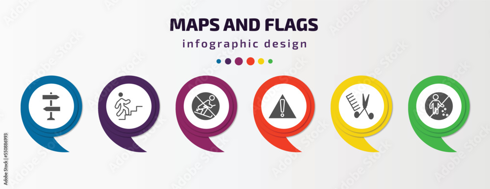 maps and flags infographic element with filled icons and 6 step or option. maps and flags icons such as vintage, walking up stair, no skiing, caution, women hairstylist, no littering vector. can be maps and flags infographic element with filled icons and 6 step or option. maps and flags icons such as vintage, walking up stair, no skiing, caution, women hairstylist, no littering vector. can be
