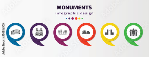 monuments infographic element with filled icons and 6 step or option. monuments icons such as pula arena, notre dame cathedral, roman theatre of merida, al shaheed monument, medieval walls in avila,