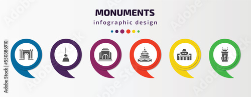 monuments infographic element with filled icons and 6 step or option. monuments icons such as barcelona, philippines, monument site, united states capitol, shrine of remembrance, belem tower vector.