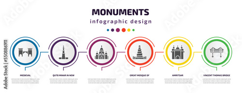 monuments infographic element with filled icons and 6 step or option. monuments icons such as medieval, qutb minar in new delhi, , great mosque of samarra, amritsar, vincent thomas bridge vector.