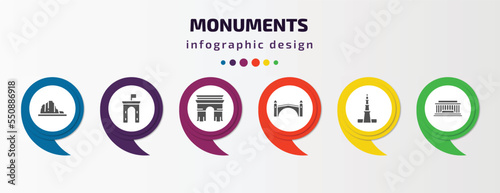 monuments infographic element with filled icons and 6 step or option. monuments icons such as canyon, ejer baunehoj, arc of triomphe, stari most, qutb minar in new delhi, national mall vector. can