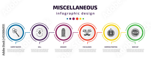 miscellaneous infographic element with filled icons and 6 step or option. miscellaneous icons such as carpet beater, will, granary, fun glasses, compass pointing north, beer cap vector. can be used