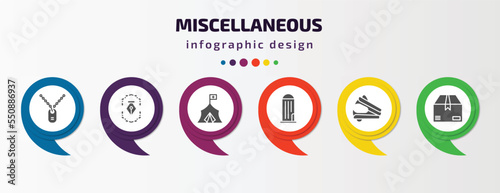 miscellaneous infographic element with filled icons and 6 step or option. miscellaneous icons such as army dog tag, will, refugee, granary, stapler remover, product vector. can be used for banner,