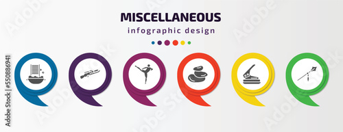 miscellaneous infographic element with filled icons and 6 step or option. miscellaneous icons such as washboard, flame thrower, muay thai, pebble, puncher, spears vector. can be used for banner,