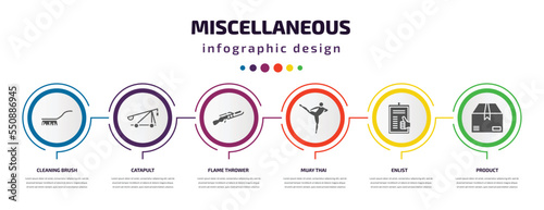 miscellaneous infographic element with filled icons and 6 step or option. miscellaneous icons such as cleaning brush, catapult, flame thrower, muay thai, enlist, product vector. can be used for