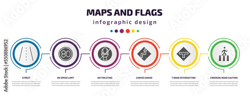Foto maps and flags infographic element with filled icons and 6 step or option