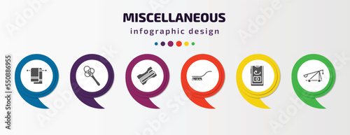 miscellaneous infographic element with filled icons and 6 step or option. miscellaneous icons such as towel rack, carpet beater, sharpen, cleaning brush, front camera, catapult vector. can be used
