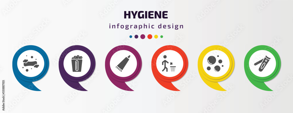 hygiene infographic element with filled icons and 6 step or option. hygiene icons such as lather, detergent dose, tooth paste, throw, bubbles, nail clippers vector. can be used for banner, info hygiene infographic element with filled icons and 6 step or option. hygiene icons such as lather, detergent dose, tooth paste, throw, bubbles, nail clippers vector. can be used for banner, info