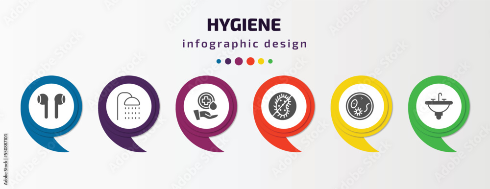 hygiene infographic element with filled icons and 6 step or option. hygiene icons such as ear buds, douche, sanitary, antibacterial, pathogen, washbasin vector. can be used for banner, info graph, hygiene infographic element with filled icons and 6 step or option. hygiene icons such as ear buds, douche, sanitary, antibacterial, pathogen, washbasin vector. can be used for banner, info graph,