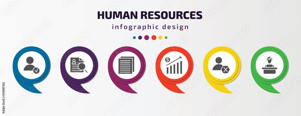 human resources infographic element with filled icons and 6 step or option. human resources icons such as hired, curriculum vitae, files, earnings, remove user, boss vector. can be used for banner, human resources infographic element with filled icons and 6 step or option. human resources icons such as hired, curriculum vitae, files, earnings, remove user, boss vector. can be used for banner,