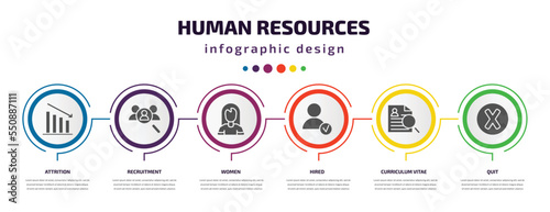 human resources infographic element with filled icons and 6 step or option. human resources icons such as attrition, recruitment, women, hired, curriculum vitae, quit vector. can be used for banner,