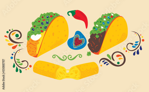 Flat illustration traditional Mexican tacos and snacks