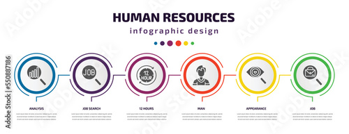 human resources infographic element with filled icons and 6 step or option. human resources icons such as analysis, job search, 12 hours, man, appearance, job vector. can be used for banner, info