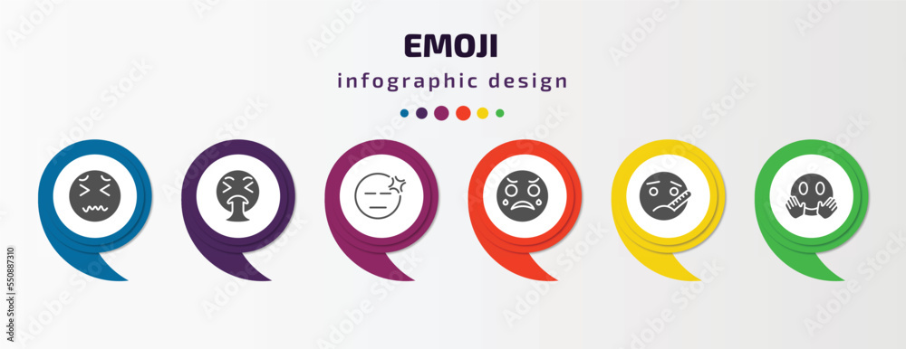 emoji infographic element with filled icons and 6 step or option. emoji icons such as disgusted emoji, puking headache crying ill hugging vector. can be used for banner, info graph, web.