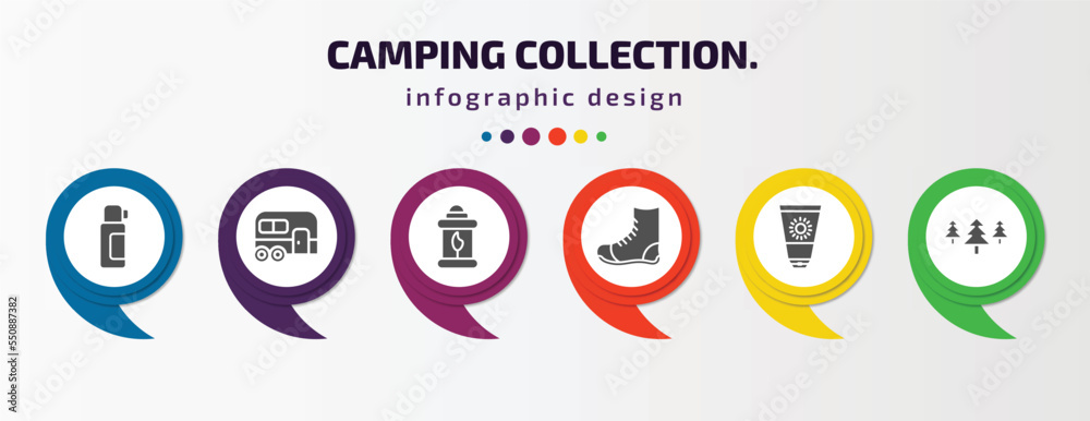 camping collection. infographic element with filled icons and 6 step or option. camping collection. icons such as thermo, caravan, fire lamp, boot, sun lotion, pines vector. can be used for banner, camping collection. infographic element with filled icons and 6 step or option. camping collection. icons such as thermo, caravan, fire lamp, boot, sun lotion, pines vector. can be used for banner,