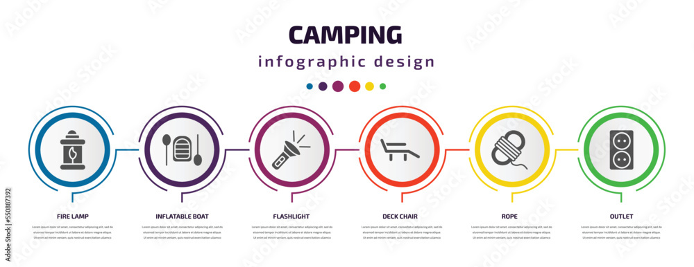 camping infographic element with filled icons and 6 step or option. camping icons such as fire lamp, inflatable boat, flashlight, deck chair, rope, outlet vector. can be used for banner, info graph, camping infographic element with filled icons and 6 step or option. camping icons such as fire lamp, inflatable boat, flashlight, deck chair, rope, outlet vector. can be used for banner, info graph,
