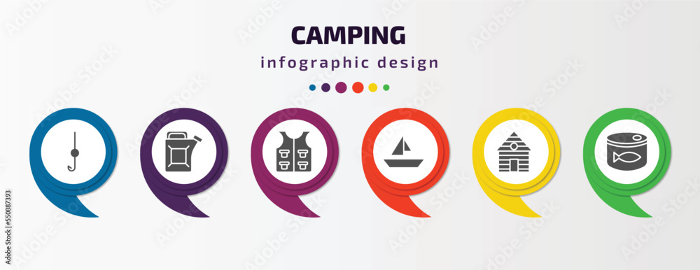 camping infographic element with filled icons and 6 step or option. camping icons such as hook, gasoline, fishing vest, boat, lodge, sardine vector. can be used for banner, info graph, web.